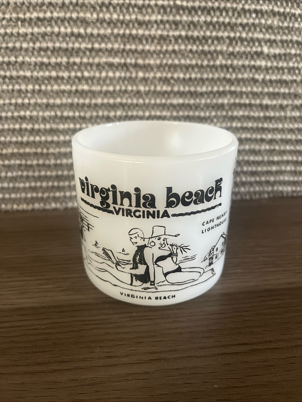 Virginia Beach White Glass Souvenir Mug with Black Beach Illustration